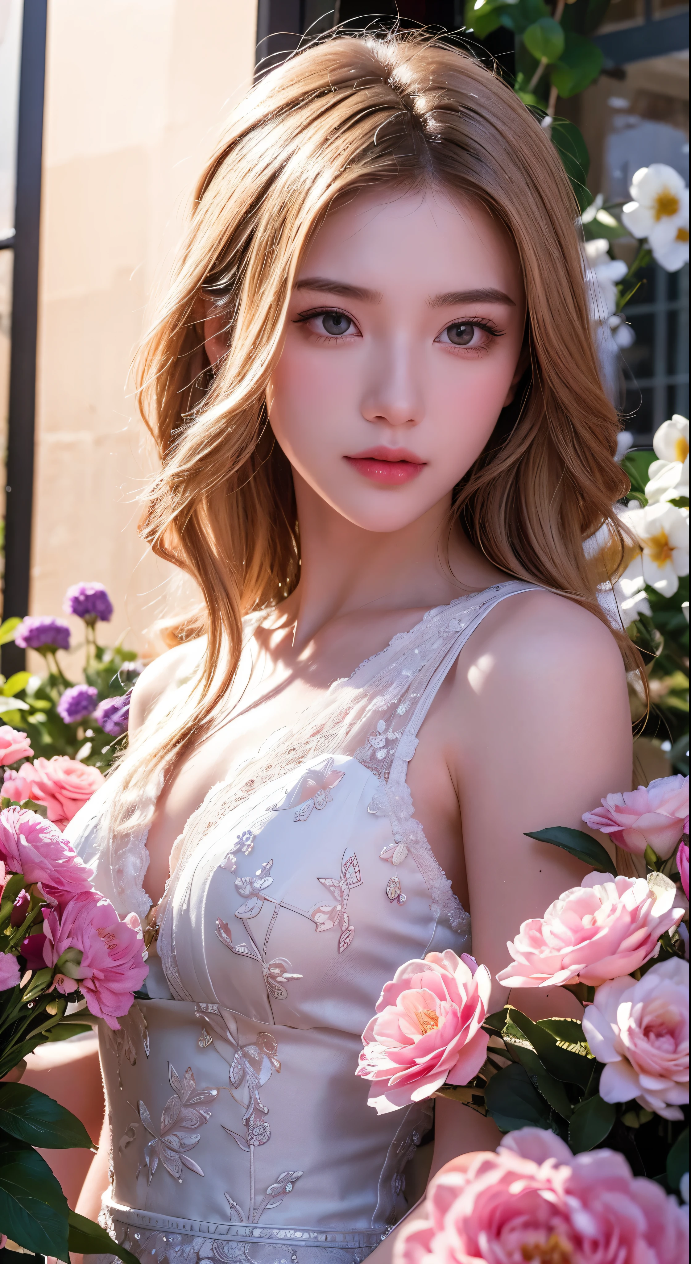 extremely delicate and beautiful, Amazing, finely detail, masterpiece, ultra-detailed, highres,best illustration, best shadow,intricate,sharp focus,  high quality, 1male, solo, blond hair. red eyes, kaveh genshin impact, flowershop front, flowers in pots, flowers for sale