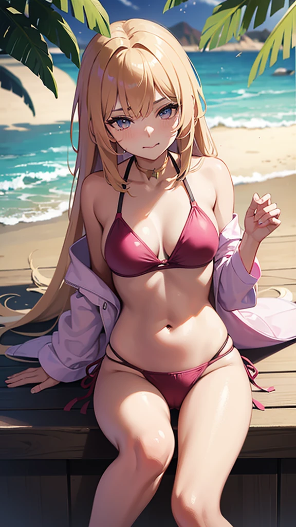 masterpiece,best quality,diluc ( genshin impact), attractive girl,lip bitting, sitting,pink bikini, showing .