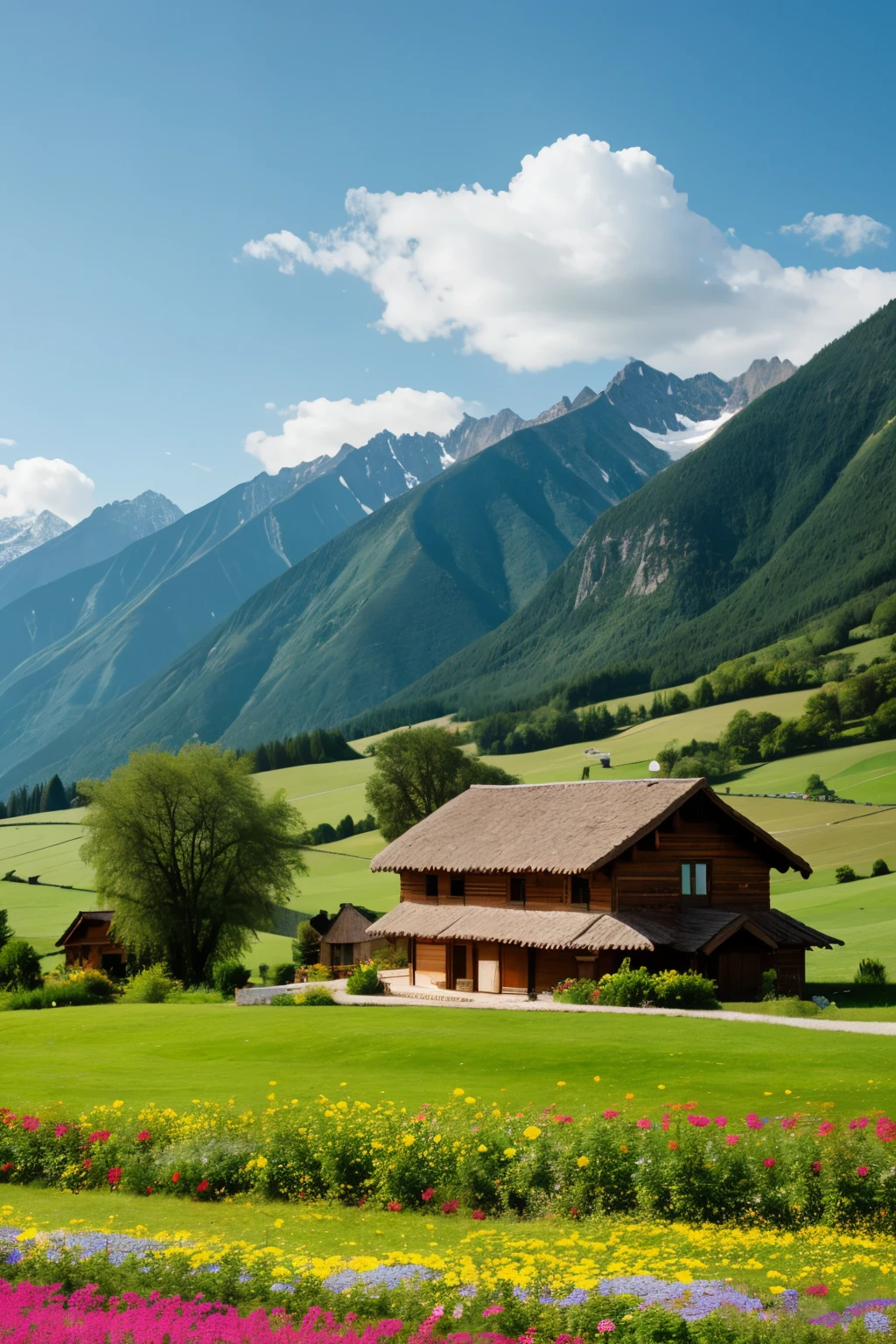 a house in the middle of a green landscape with flowers and mountains around it without houses around it
