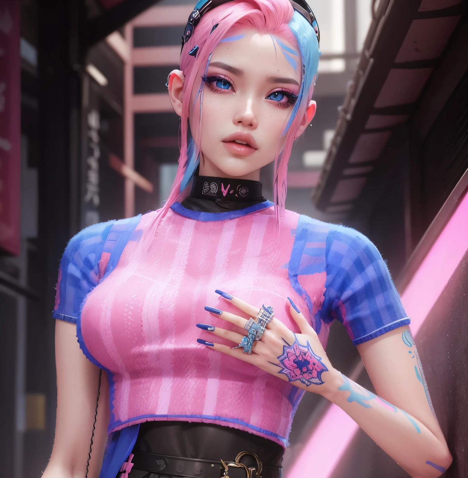 aVATAR SECOND LIFE Korean girl wearing blue blouse, pink  hair, pink  hair, pink  hair, Asian, Perfect and detailed face, imvu, maximalist details, AVATAR SECOND LIFE Korean blusa , neon