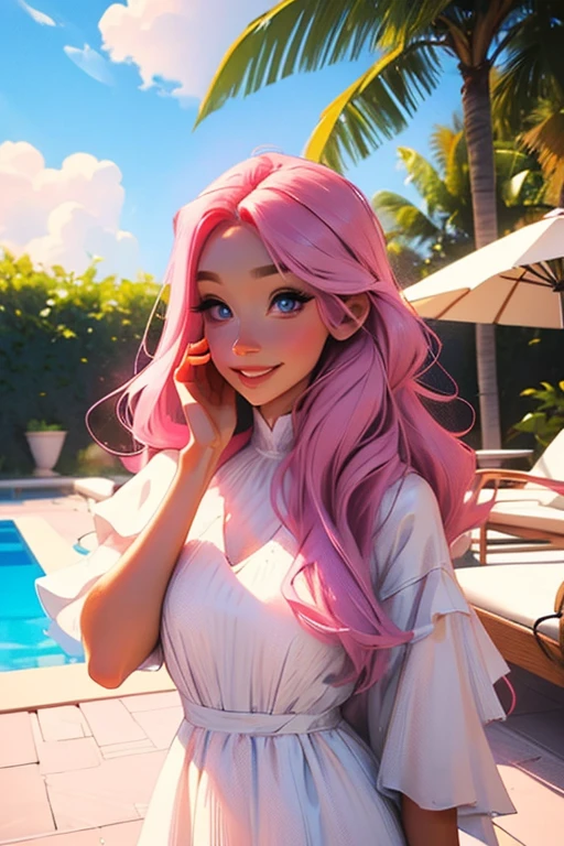 Perfect face. Perfect hands. A pink haired woman with violet eyes and an hourglass figure in a white summer dress is smiling by the pool.