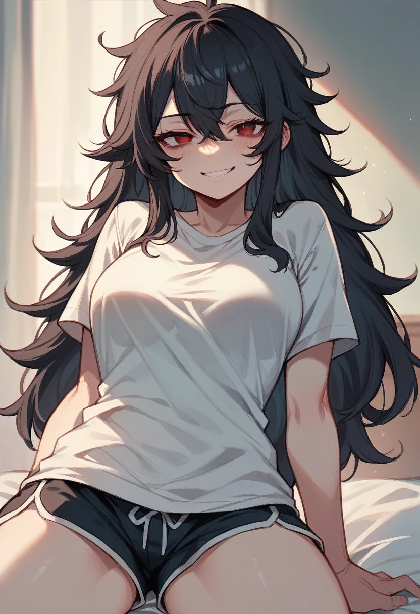 1girl, cloudy eyes, red eyes, close-up, perfect body, perfect anatomy, bedroom, black hair, messy hair, long hair, night, flushed, dolphin_shorts, smug_smile, oversized_t-shirt, medium breasts