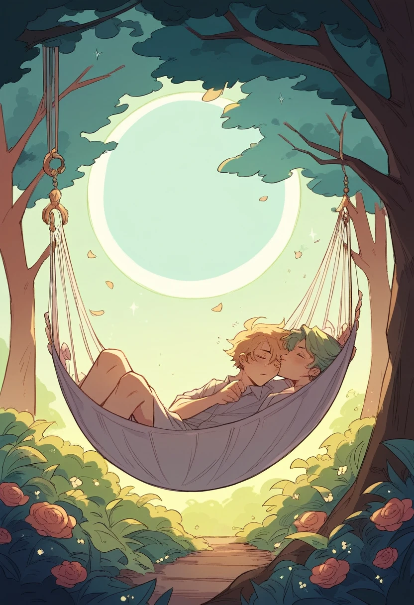 Create a peaceful nighttime image with a starry sky and full moon softly illuminating the landscape. Em primeiro plano, show a person lying in a hammock, surrounded by trees and flowers, conveying a sense of peace and relaxation. Add an inspirational quote in an elegant font style: