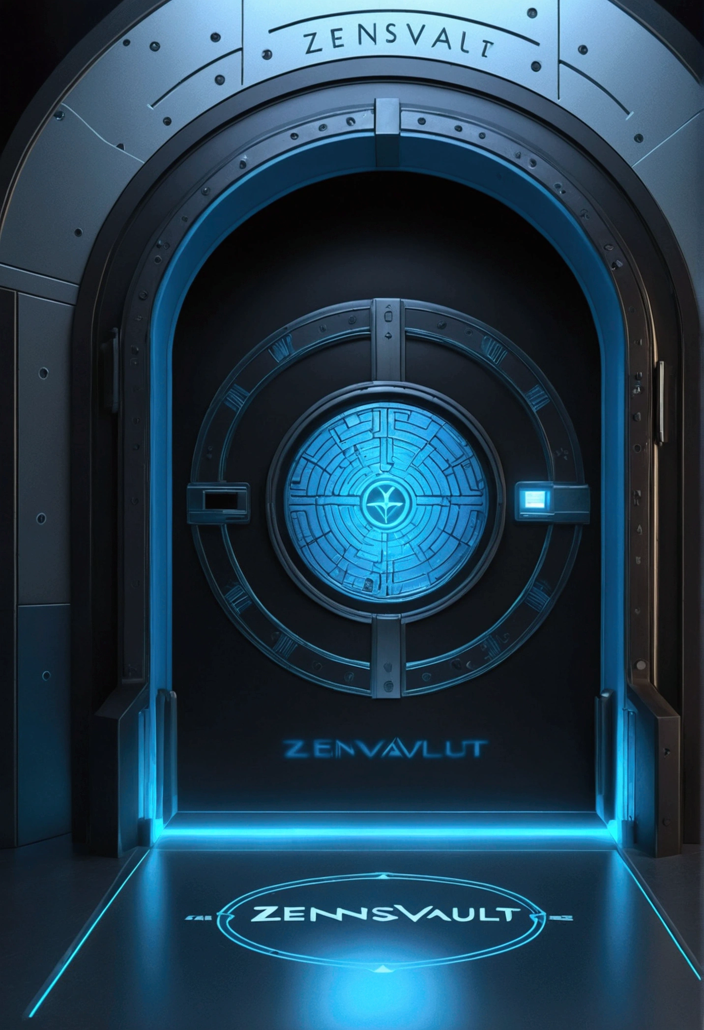 A minimalist hologram of a vault door with a soft, blue glow. The text 'ZensVault' is written below the hologram in a clean, futuristic font. The color scheme is black and blue