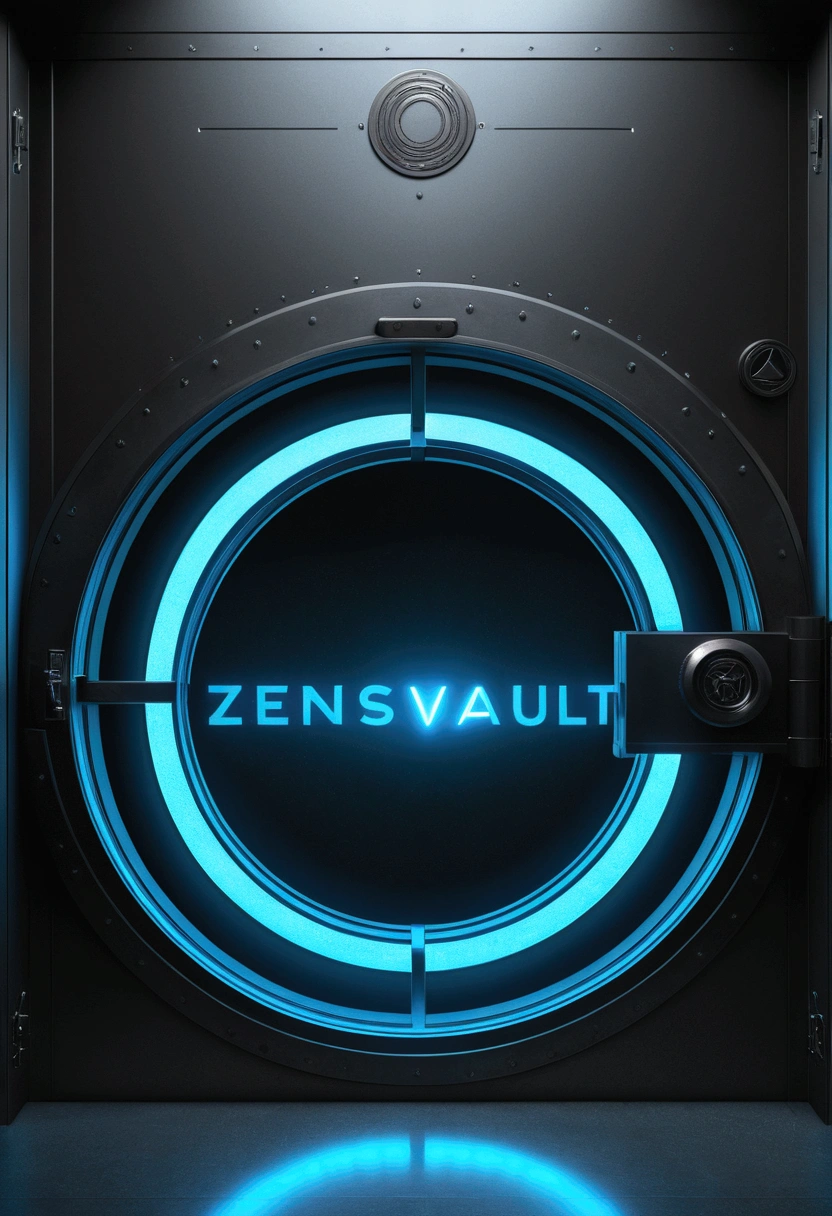 A minimalist hologram of a vault door with a soft, blue glow. The text 'ZensVault' is written below the hologram in a clean, futuristic font. The color scheme is black and blue