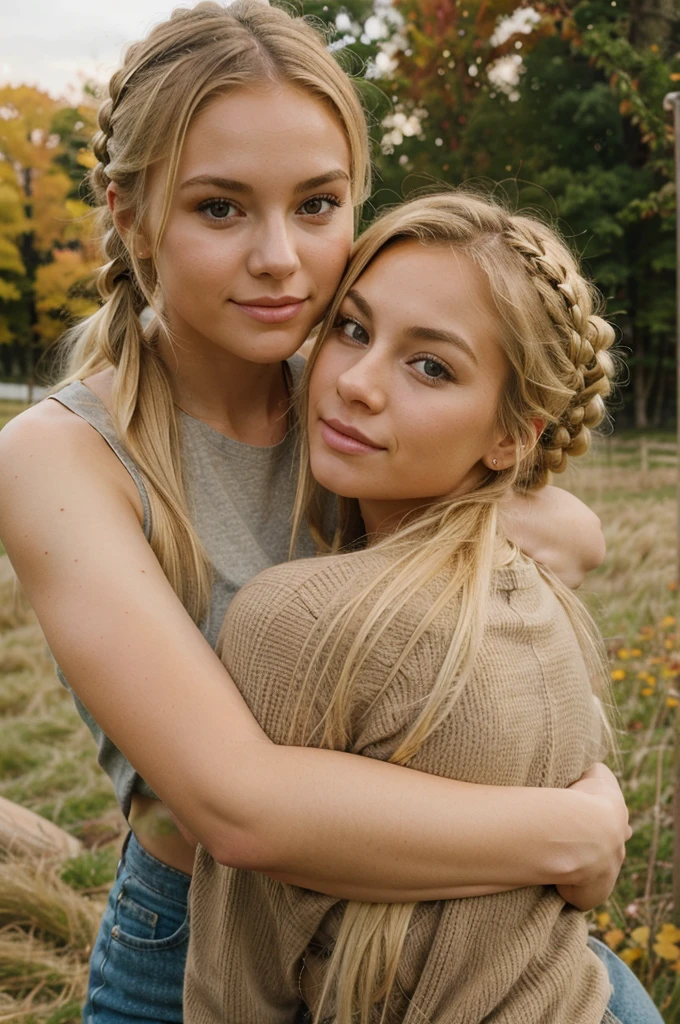 a beautiful young woman with blonde hair tied up, good, hugs with a cute dog, The background is an autumn meadow