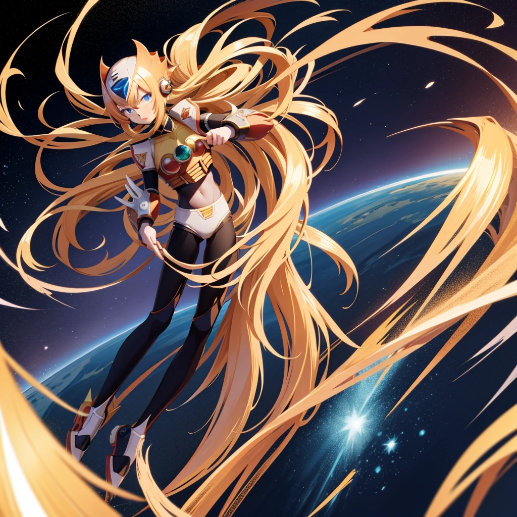 (anime style),(pretty and clearly image,masterpiece,cg,best quality,highres, extremely beautiful and delicate,good anatomy:1.3 ),(detailed eyes),perfect face,powerful,manly,1boy,zero_megamanx, blue eyes, blonde hair, ponytail, very long hair, long hair, helmet, android, male focus, full body, facing viewer, dynamic pose,science fiction, impacted,dramatic,detailed background