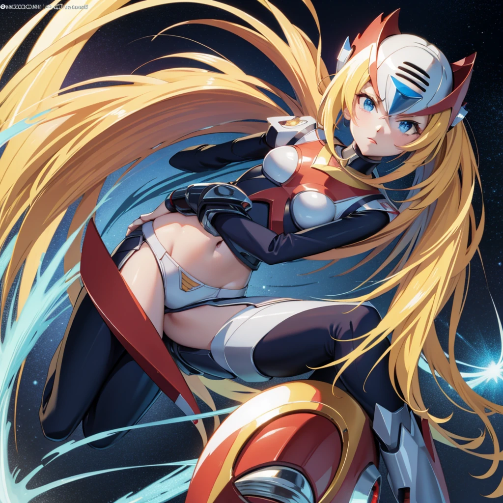 (anime style),(pretty and clearly image,masterpiece,cg,best quality,highres, extremely beautiful and delicate,good anatomy:1.3 ),(detailed eyes),perfect face,powerful,manly,1boy,zero_megamanx, blue eyes, blonde hair, ponytail, very long hair, long hair, helmet, android, male focus, full body, facing viewer, dynamic pose,science fiction, impacted,dramatic,detailed background