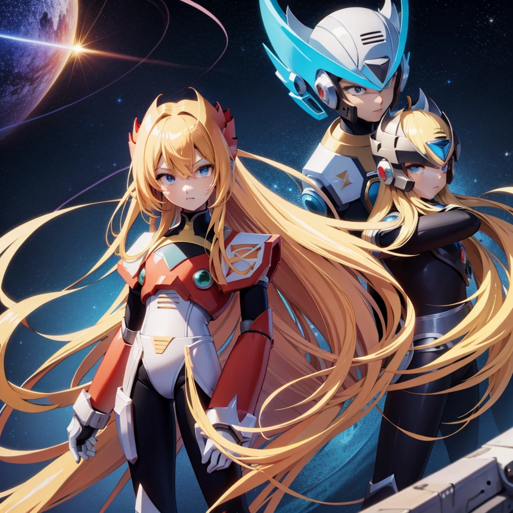 (anime style),(pretty and clearly image,masterpiece,cg,best quality,highres, extremely beautiful and delicate,good anatomy:1.3 ),(detailed eyes),perfect face,powerful,manly,1boy,zero_megamanx, blue eyes, blonde hair, ponytail, very long hair, long hair, helmet, android, male focus, full body, facing viewer, dynamic pose,science fiction, impacted,dramatic,detailed background