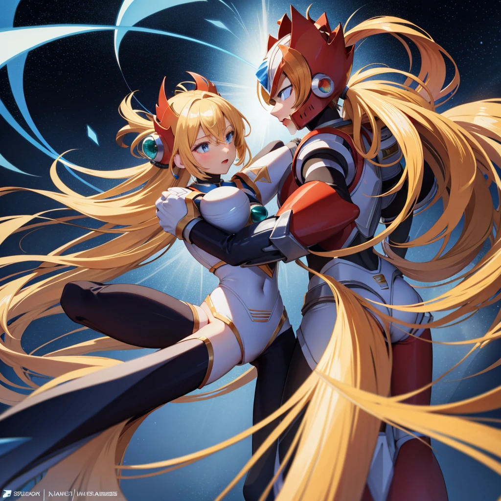 (anime style),(pretty and clearly image,masterpiece,cg,best quality,highres, extremely beautiful and delicate,good anatomy:1.3 ),(detailed eyes),perfect face,powerful,manly,1boy,zero_megamanx, blue eyes, blonde hair, ponytail, very long hair, long hair, helmet, android, male focus, full body, facing viewer, dynamic pose,science fiction, impacted,dramatic,detailed background