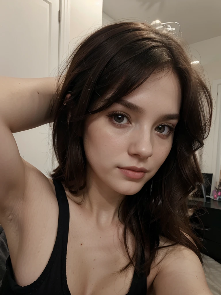 Selfie, Ultrarealistic, pretty face, pale skin, dark brown hair, wearing a black top, (selfy with front camera), upper body, in her bedroom