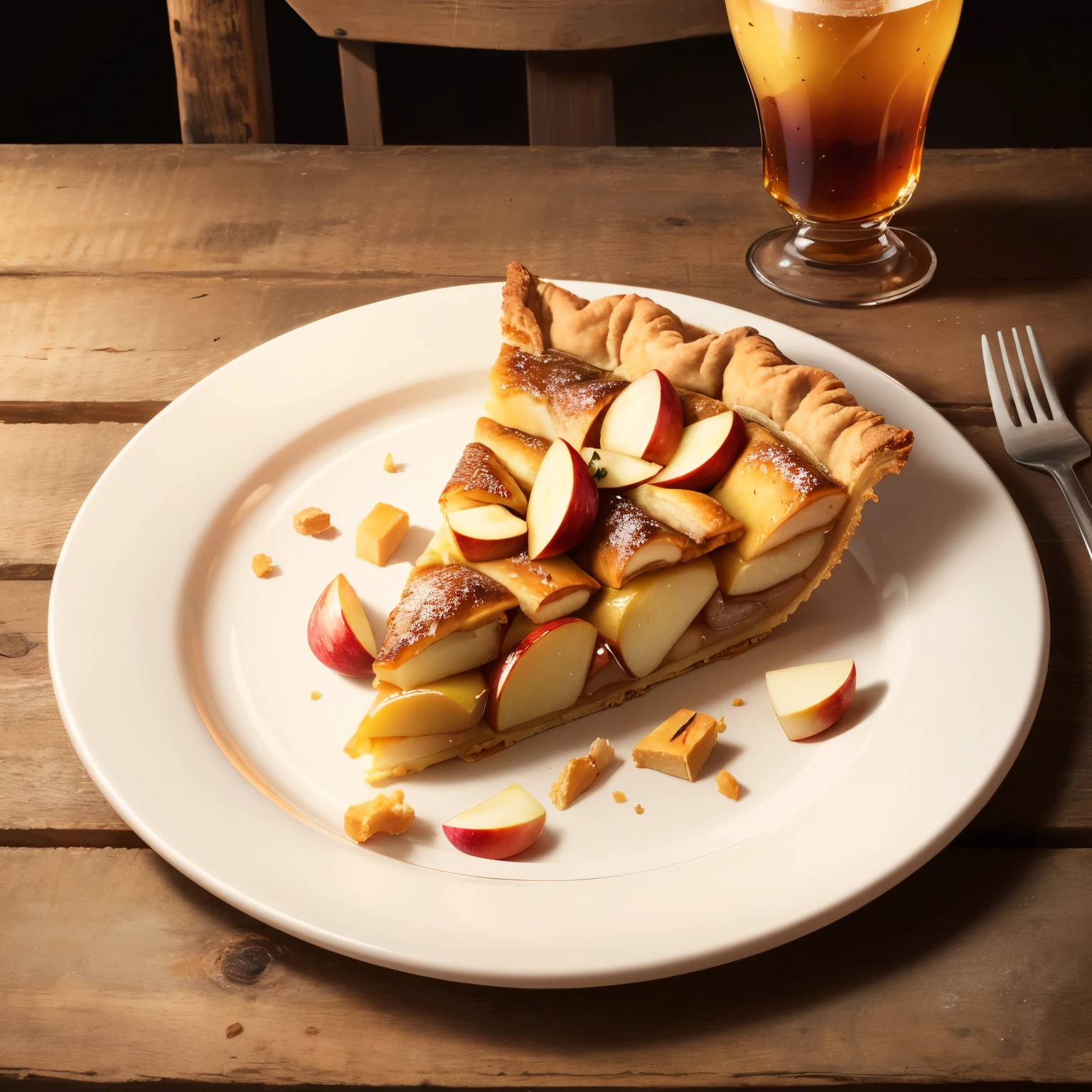 piece of apple pie on a rustic plate, rustic plate, medieval tavern, ::rustic
