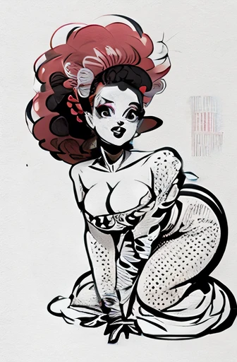 Bride of Frankenstein. sexy female Frankenstein monster. sally from "Nightmare Before Christmas". classic cartoon. in the style of a Ed Hardy tattoo. beehive hairdo with white streak. spiked up hair. on her knees. hair flowing upward. sewn together body. patch work doll. wide hips with bubble butt. metal bolts in her neck. bluish grey skin. white lace. stitched together skin. copper hair with white streak. friendly face. Curvy and thicc. voluptuous. full figured. mom bod. ginger with round face and freckles. white cocktail dress. slitted skirt. tall frizzy static hair. white streak in hair shaped like lightning bolt. bolts in her neck. strapless wedding dress with lots of cleavage. full body pose. electric hair. round plump breasts playful mischievous personality. goth rocker chick. pin-up girl. sexy pose. fun simple cartoon style with heavy ink lines and white background.