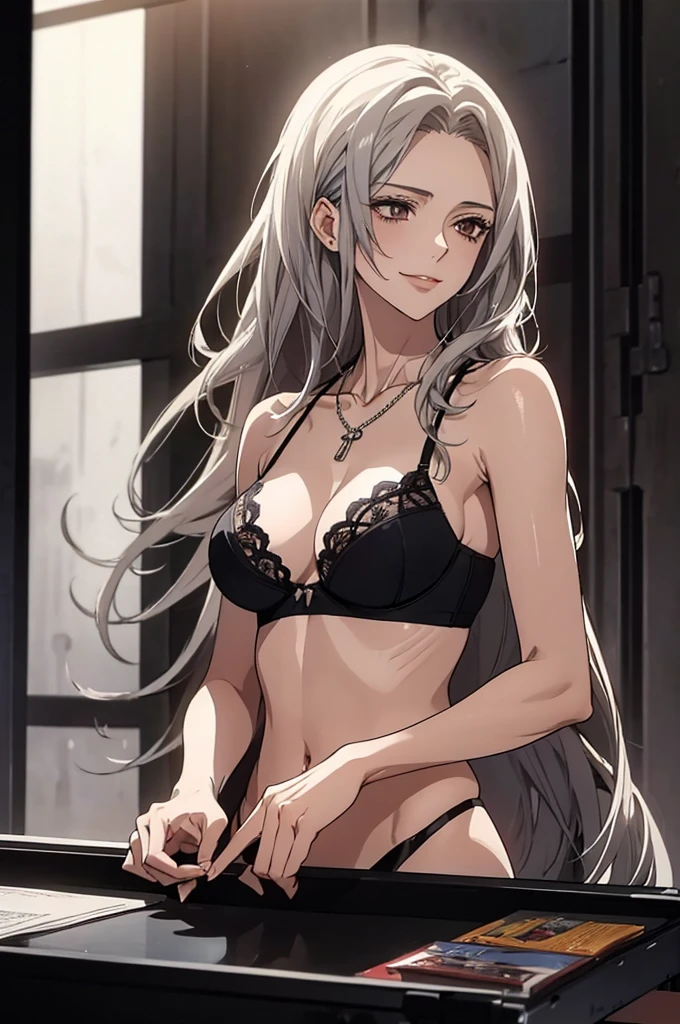 (Highest quality, High resolution, Very detailed), Silver Hair, Long Hair, Reddish brown eyes, micro lace thong bra, Large Breasts, necklace, 24th generation, Beautiful woman, mature, quiet, Calm, A small smile, office,