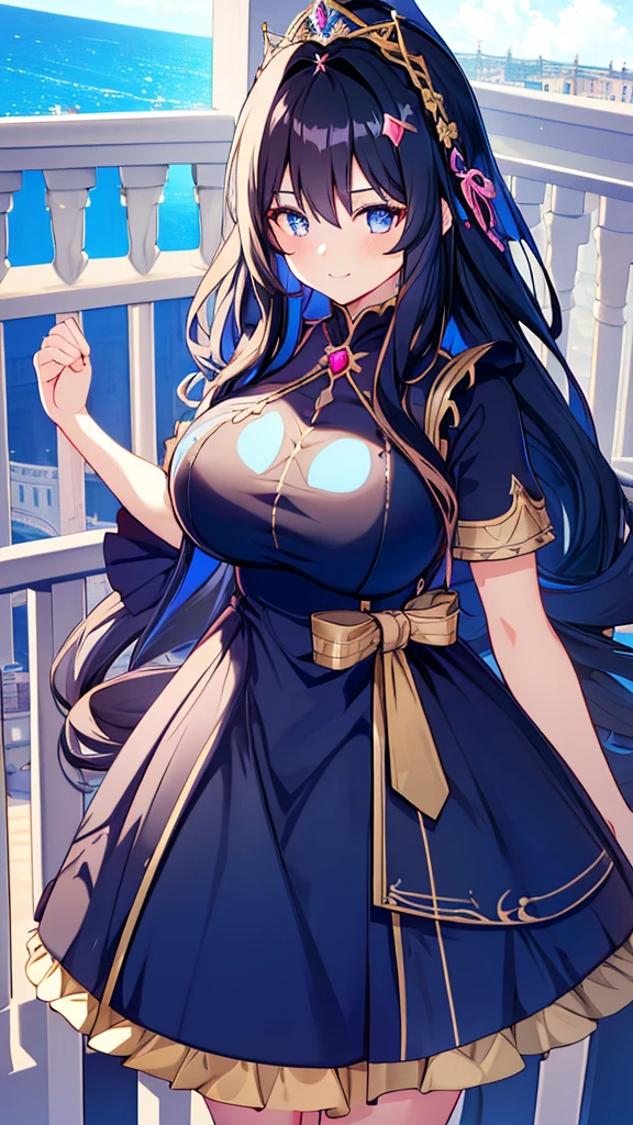 best quality, extremely detailed,anime style girl,long hair down to the waist, straight hair, ((dark black hair with bluish)),braid,beautiful detailed eyes, pinched eyes, (dark blue eyes),huge breasts,curvy,((((western cutie brightly colored princess dress)))),clothing with complex patterns,hair ornament,smile,((((balcony)))),((pov))