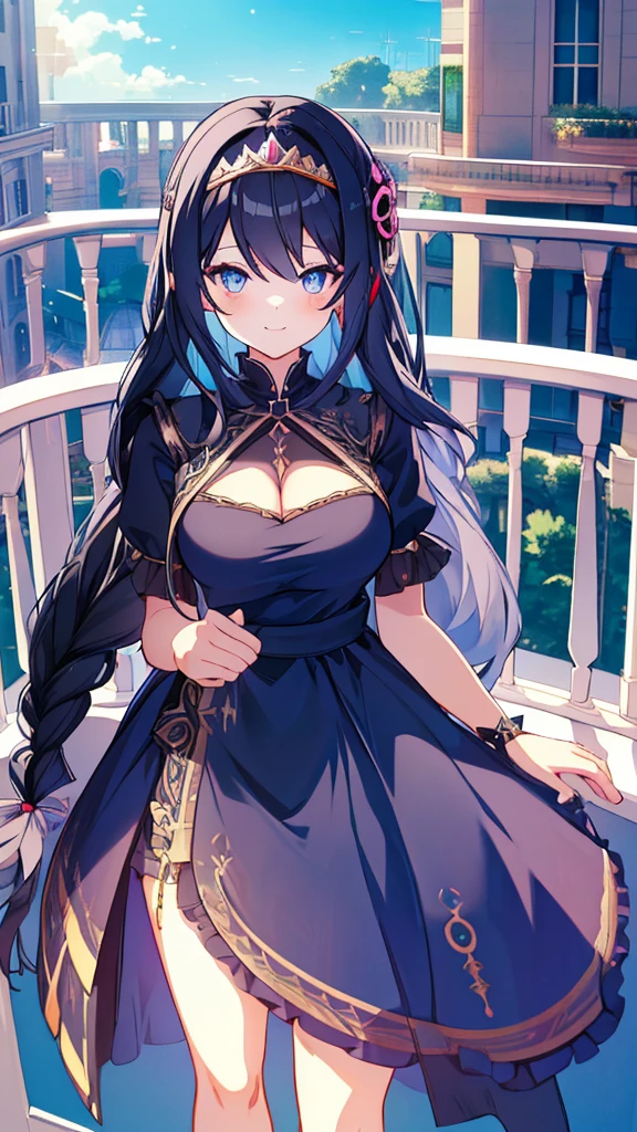 best quality, extremely detailed,anime style girl,long hair down to the waist, straight hair, ((dark black hair with bluish)),braid,beautiful detailed eyes, pinched eyes, (dark blue eyes),huge breasts,curvy,((((western cutie brightly colored princess dress)))),clothing with complex patterns,hair ornament,smile,((((balcony)))),((pov))