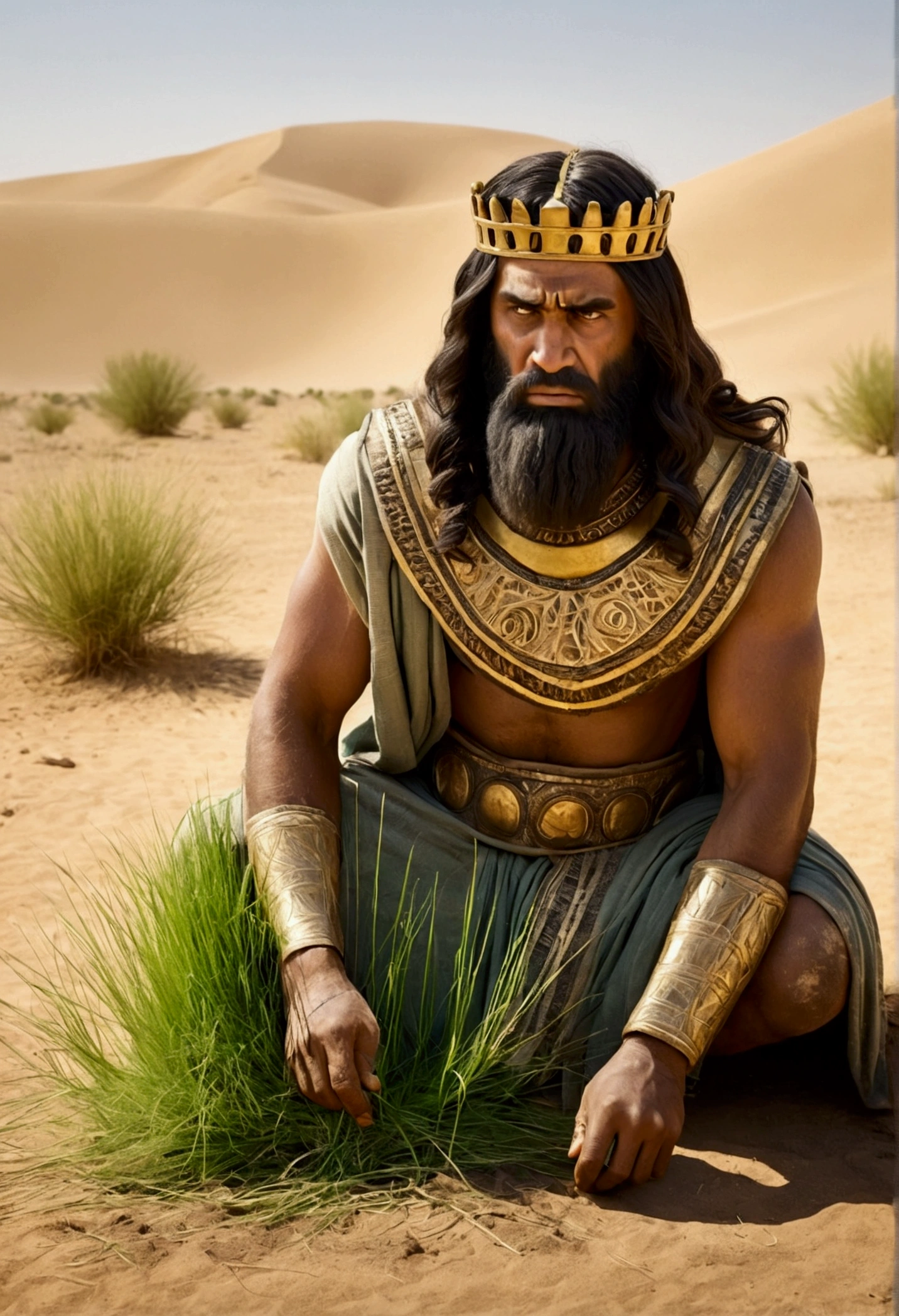 King Nebuchadnezzar in the desert, on all fours, eating grass like an ox, his clothes torn and dirty, and his hair and nails grown, symbolizing his animal condition.