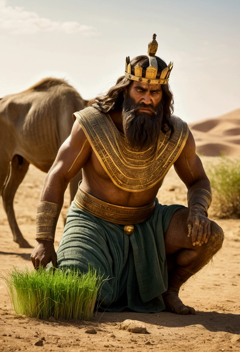 King Nebuchadnezzar in the desert, on all fours, eating grass like an ox, his clothes torn and dirty, and his hair and nails grown, symbolizing his animal condition.