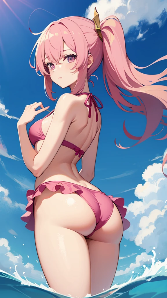 masterpiece,best quality,diluc ( genshin impact), attractive girl, standing,pink bikini, showing .
