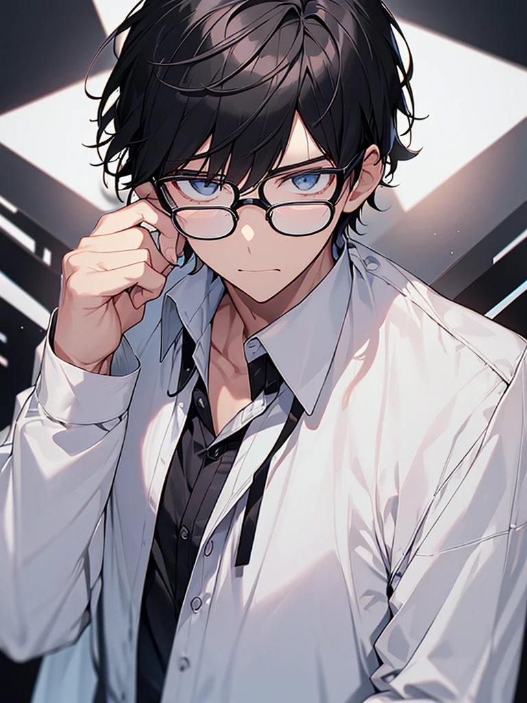 Black-haired, nerdy young man, white shirt, jacket, dark background, dumbfounded face, wrinkles on brow, glasses