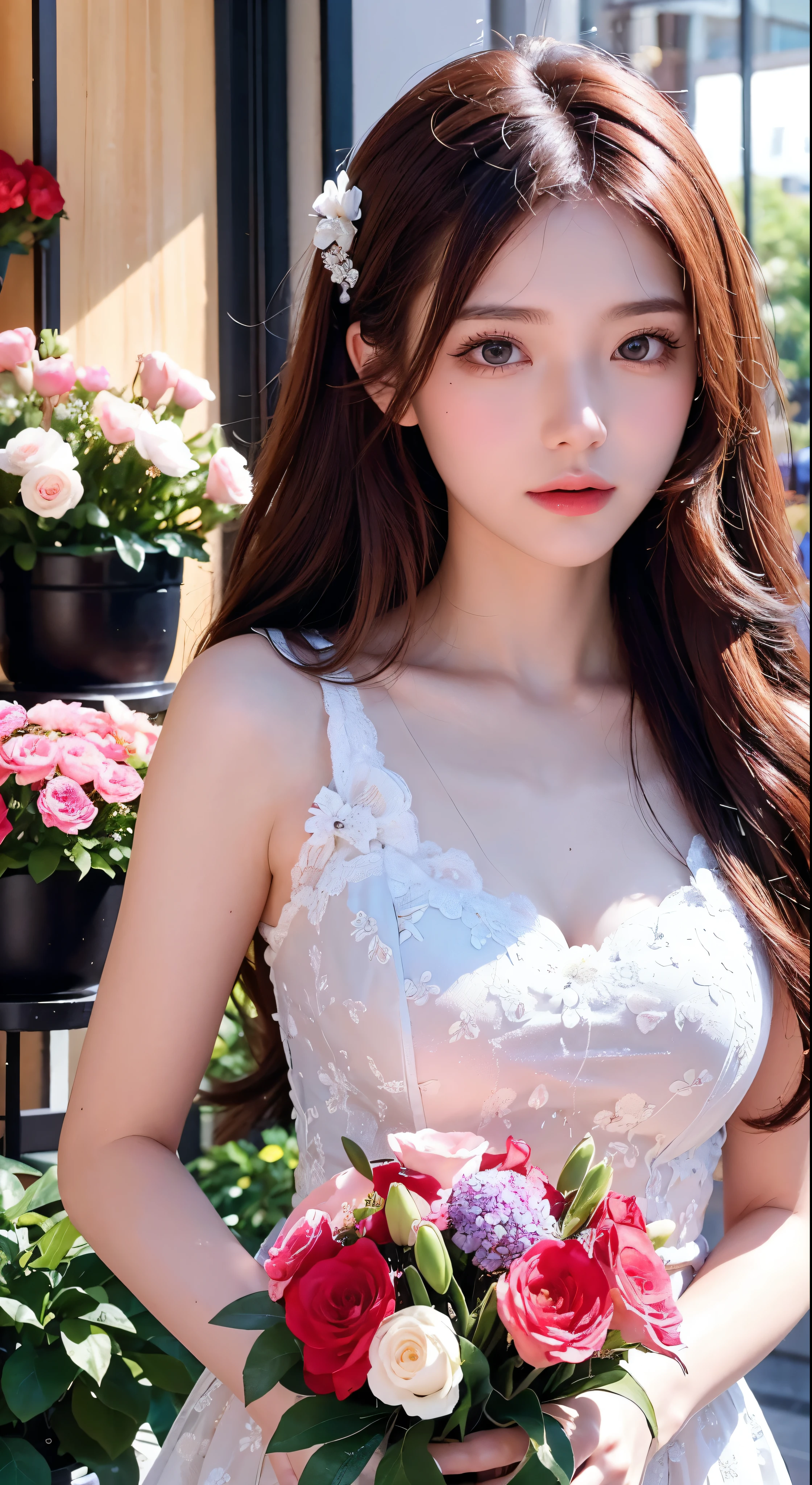 with high definition images，Very delicate and beautiful、Amazing、Fine detailasterpiece、Super detailed、High resolution、Best illustrations、Best Shadow、complicated、Sharp Focus、high quality、1 Beauty、solo、Chestnut Hair。Red eyes, Florist's storefront, Potted flowers, Flowers for Sale，Beautiful image of feeling surrounded by flowers