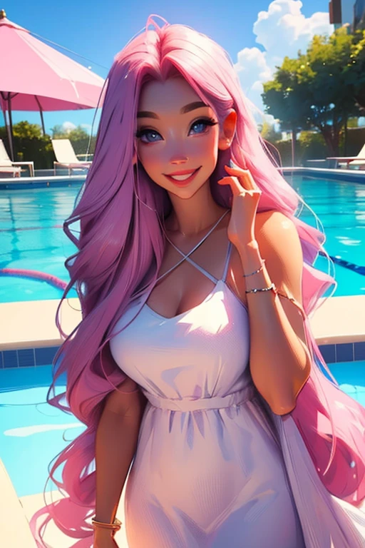 Perfect face. Perfect hands. A pink haired woman with violet eyes and an hourglass figure in a white summer dress is smiling by the pool.