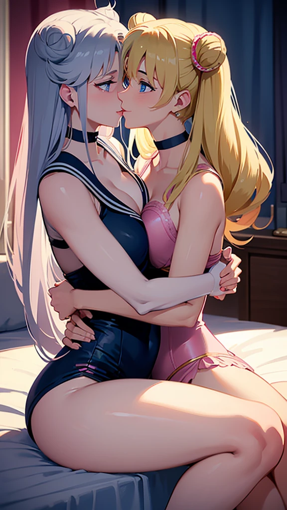Adult woman blonde hair, blue eyes, long hair with two buns, heart-shaped face in pink lingerie resembling Sailor Moon sitting astride a strong adult man with black hair, blue eyes, confident smile, handsome man with boxers on a bed about to kiss with a room in the background