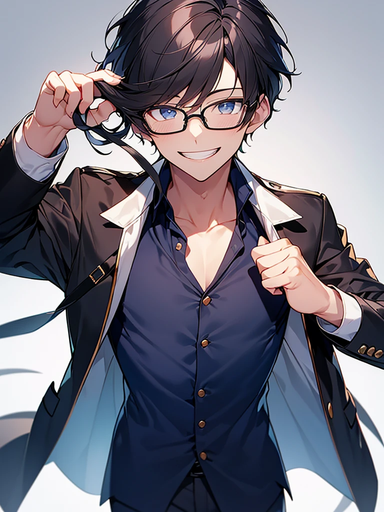 Geeky young man with dark hair, white V-neck shirt, navy jacket and pants, light background, smiling, glasses