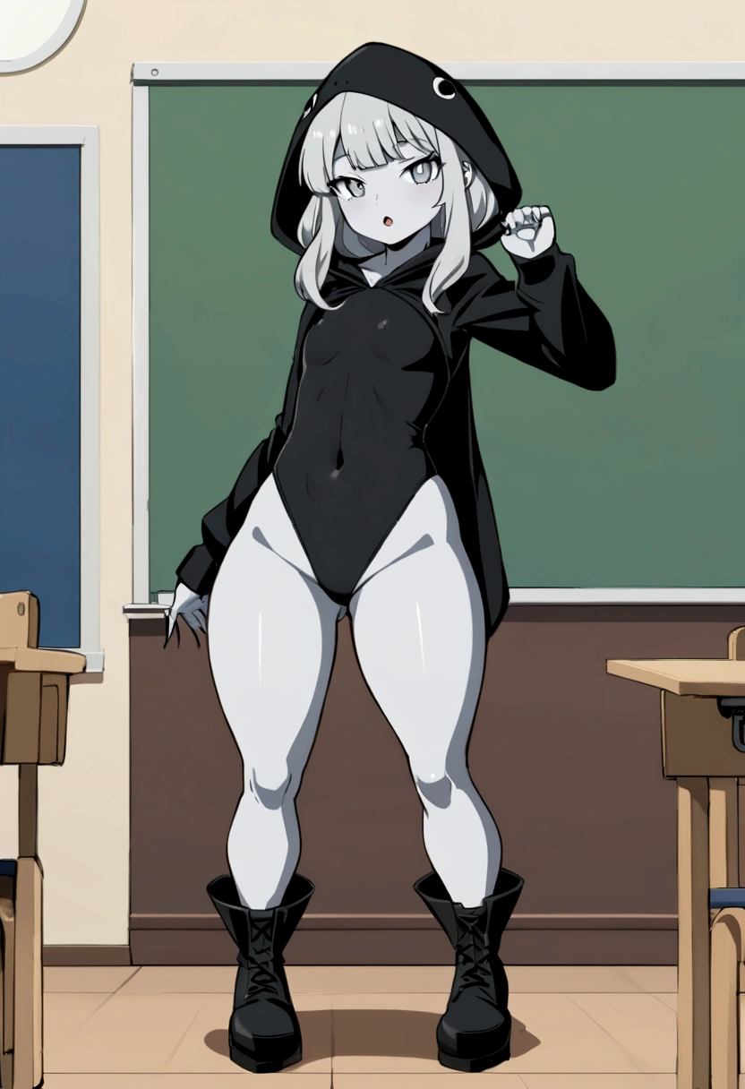 anime style girl 1,70 long light gray hair gray skin shark teeth and gray eyes and light gray pupils very thick and strong legs thick thighs, but without breasts (it&#39;s flat chest) posing to see her clothes in a classroom while wearing a very long black hooded cape that trails on the ground with the hood up a black full body leotard a short black schort with black boots  