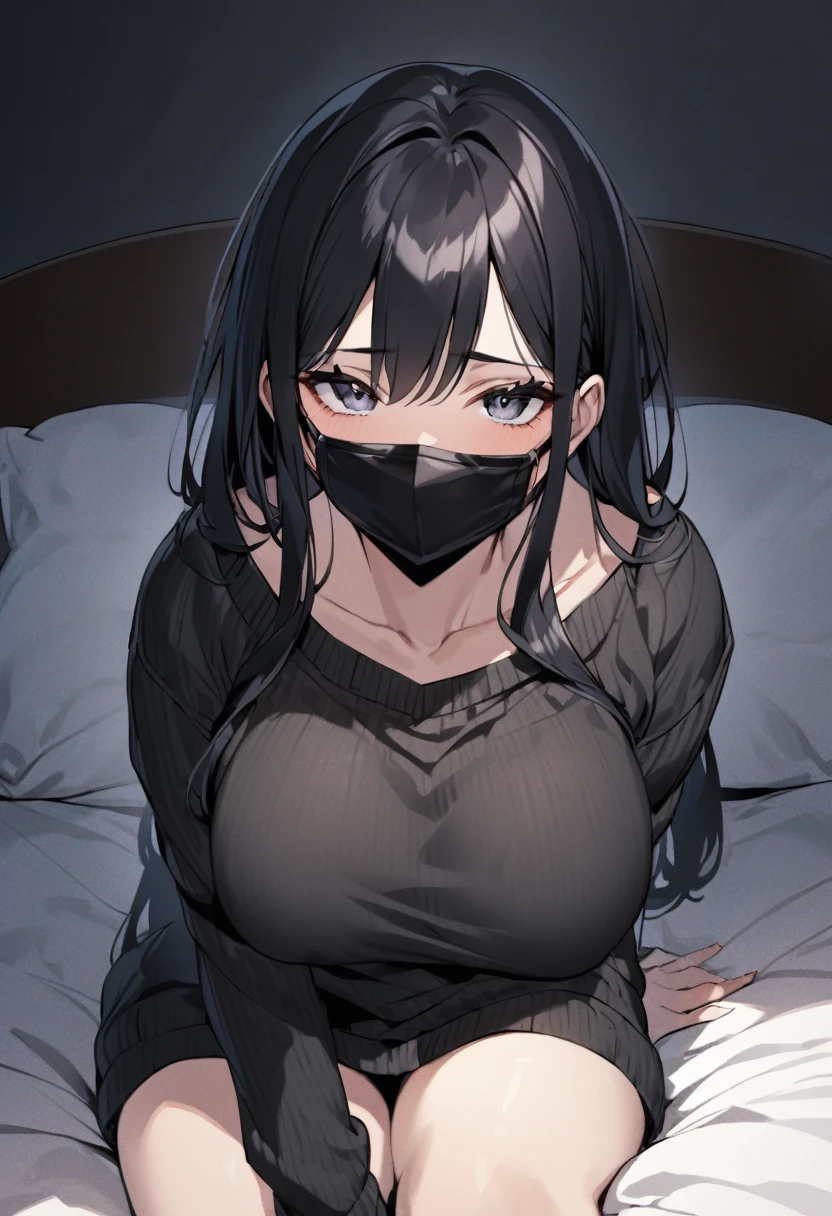 black hair, big black sweater, The G cup bust, black facemask in face, sitting on bed, staring at camera, 24 years old, sweater over her arms, soft breast, breast big enough to rest on