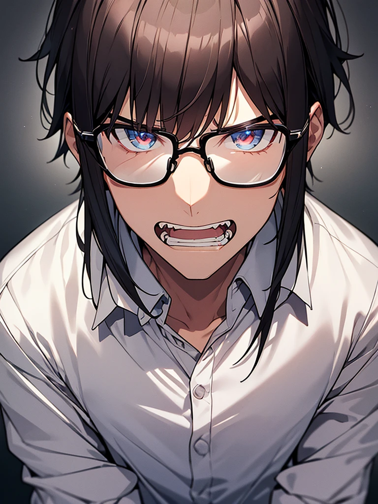 Dark-haired nerdy young man, white shirt, jacket, angry face, frown, glasses, clenching teeth, intense background