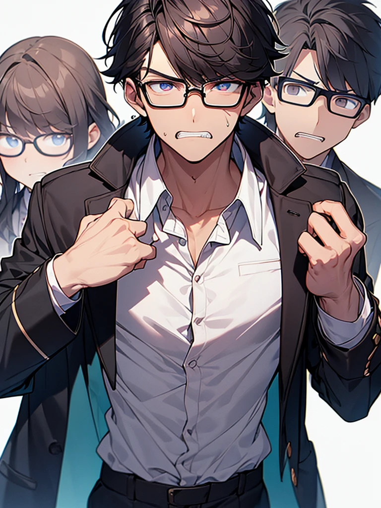 Dark-haired nerdy young man, white shirt, jacket, angry face, frown, glasses, clenching teeth, intense background