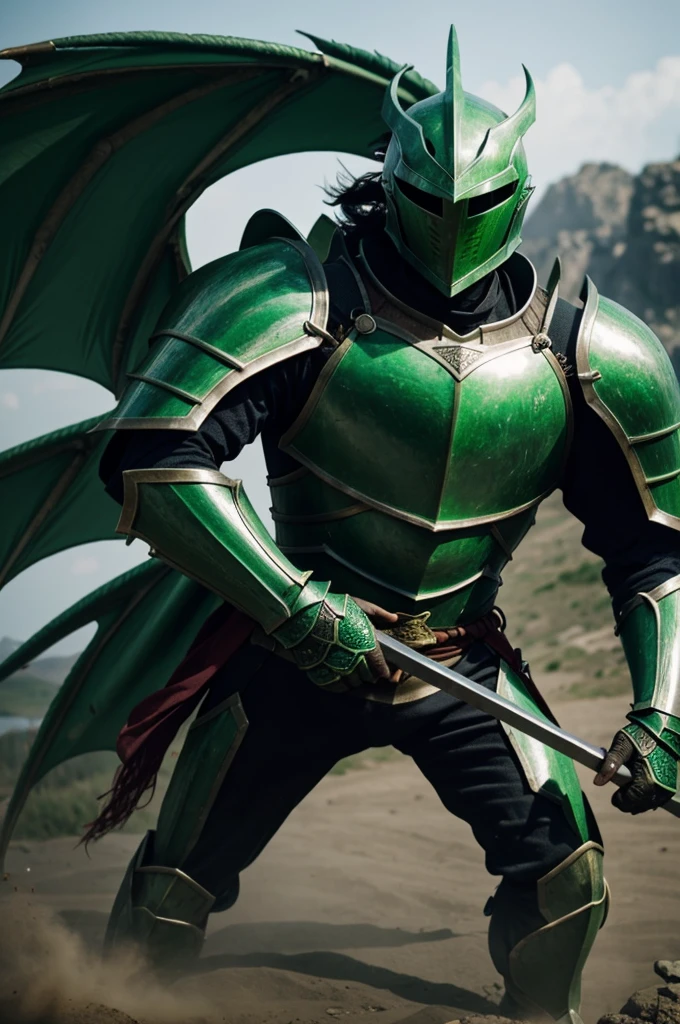 Dragon knight in green armor surrounded by wind 