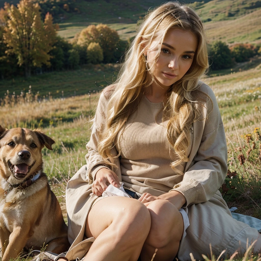 a young beautiful woman with blond pinned-up hair, Good, cuddles with a cute dog, Background is an autumnal meadow