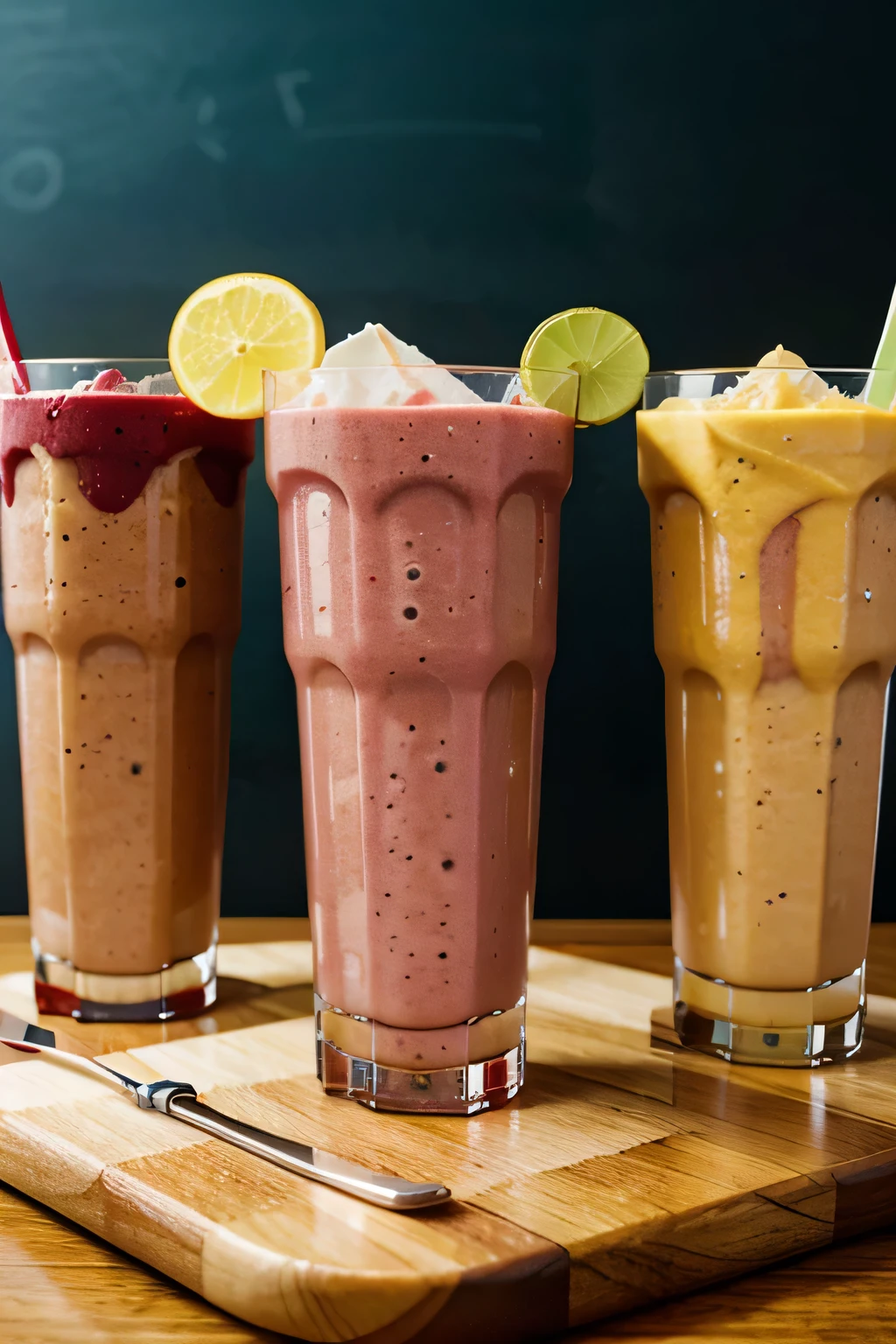 Smoothies of different flavors and in different glasses with a good presentation