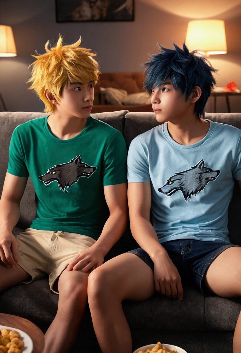 4k, high resolution, best quality, perfect colors, perfect shadows, perfect lighting, posted on e621, (by Chunie), male, furry, two Wolf anthro, Duo, Slim body, eyes, (Realistic eye details 1.2), in the TV room, sitting on the sofa, watching TV, eating snacks, with friends, wearing shirt and shorts, abs, dramatic lighting, soft lighting, day, highly detail, Hair coiled, glare, delight, Abstract beauty, centre, nearing perfection, Dynamic, highly detailed, Liso, sharp focus, 8K, A high resolution, illustration, (2boy, duo), (duo_focus)