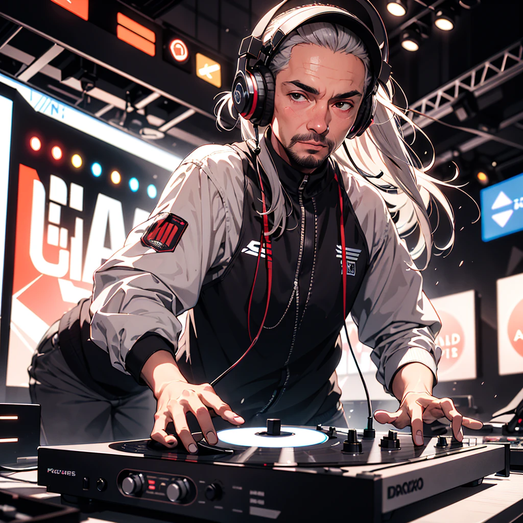 ((Best Quality)), ((Masterpiece)), (detailed). MAKE AN IMAGE OF ANDRÉS MANUEL LOPEZ OBRADOR DISGUISED AS A DJ WITH BIG HEADPHONES AND PLAYING A TURNTABLE ON A 3D PARTY BACKGROUND