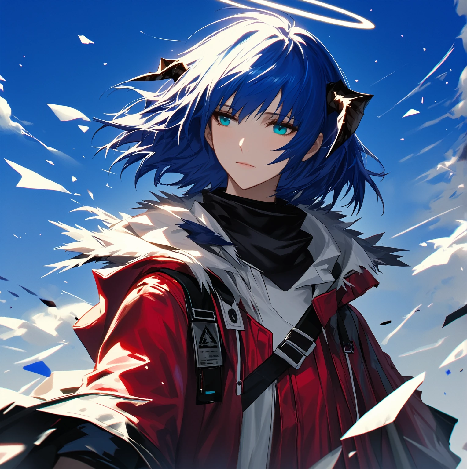 (woman), ((Mostima from arknights)), masterpiece, best quality, blue hair, ((short hair)), horns, plain white shirt, red fullbody coat, dark blue eyes, realistic anime style, faint smile, ((portrait)), black gloves, carring a bag, halo.
