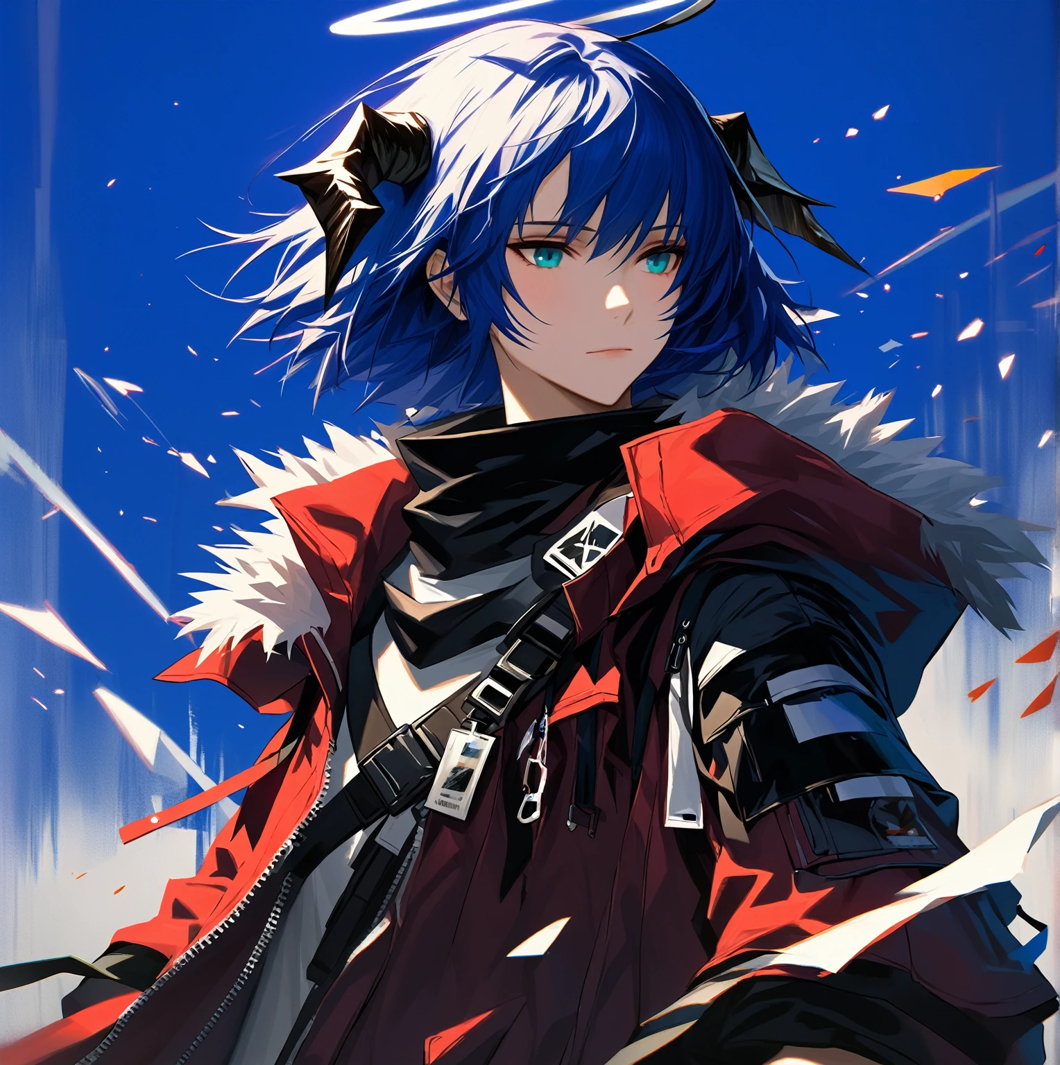 (woman), ((Mostima from arknights)), masterpiece, best quality, blue hair, ((short hair)), horns, plain white shirt, red fullbody coat, dark blue eyes, realistic anime style, faint smile, ((portrait)), black gloves, carring a bag, halo.
