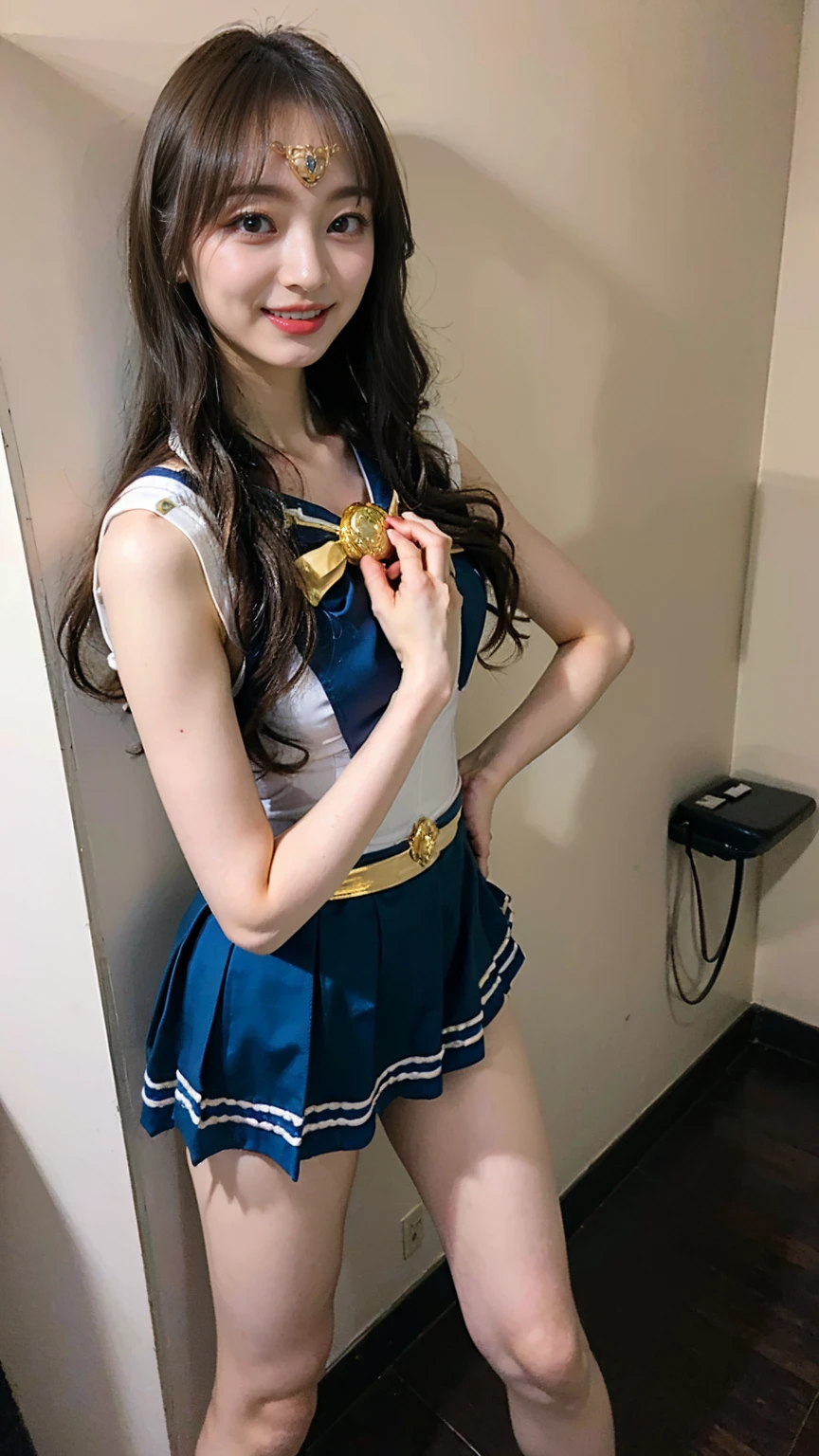 ((8k、RAW Photos、Highest quality、masterpiece:1.2)、(Realistic、Realistic)、1 girl、((Green Sailor Moon costume:1.2、Thin legs、whole body、View from the front、smile、Looking into the camera、Stand with hands on hips))、cute、sexy、Dancing in a public bath