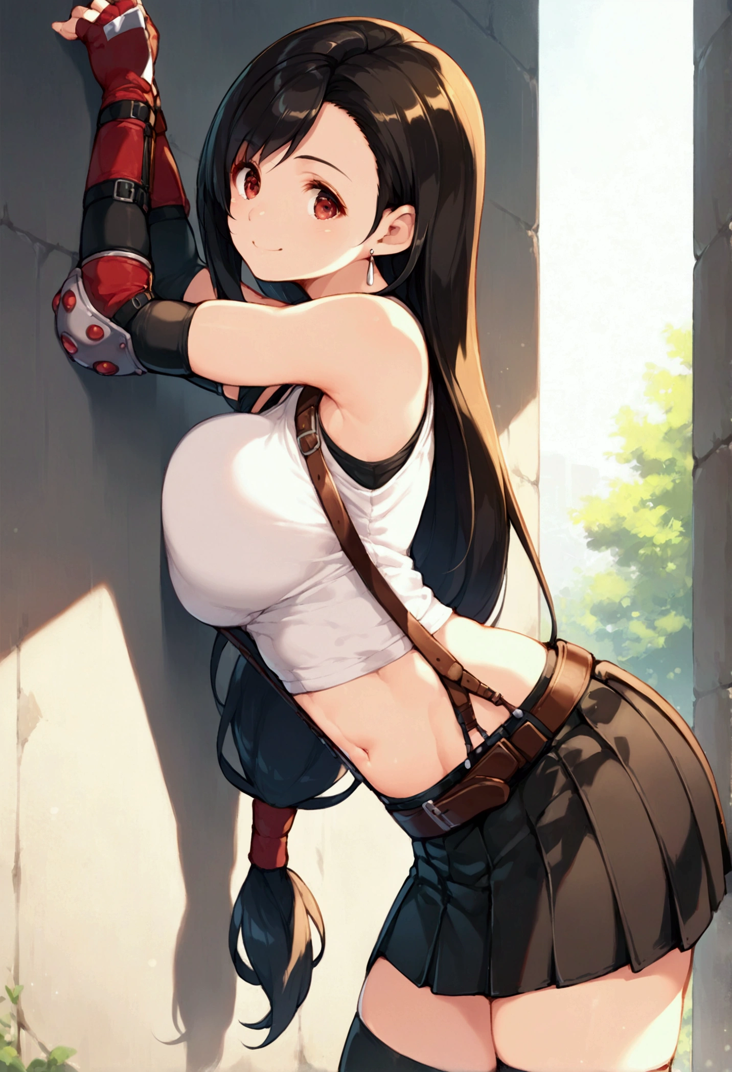 (score_9, score_8_up, score_7_up),,BREAK , ,dynamicangle,,breast side view,,standing,leaning on wall. upperbody,,Solo ,1girl, tifa lockhart, final fantasy, tareme,black hair, low-tied long hair, red eyes, bangs, (white tank top, belt, pleated skirt, thighhighs, elbow fingerless gloves, elbow pads, midriff, navel,suspender skirt) ,(large_breast),(light smile),daytime,outdoor,(ultra detailed),(best quality),(aesthetic,very aesthetic),UHD,extremely detailed CG unity 8k wallpaper,depth of field,,,detailed face and eyes