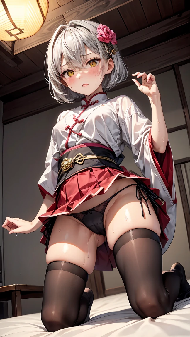 young girl , short silver bob hair, hair flower, sharp bangs between the eyes, yellow eyes, eyes large, dominant look, cold stare. traditional chinese imperial clothes black with gold details, red skirt, black thigh high socks. Seios médios legs spread open mostrando a panties pink de ceda, ((panties pink)), legs spread open. On your knees on the bed, kneeling. Viewpoint from below, view from below. in a Japanese room, at night, with full moon in the background, light reflecting on the sexy and sweaty body. (((sweat)))