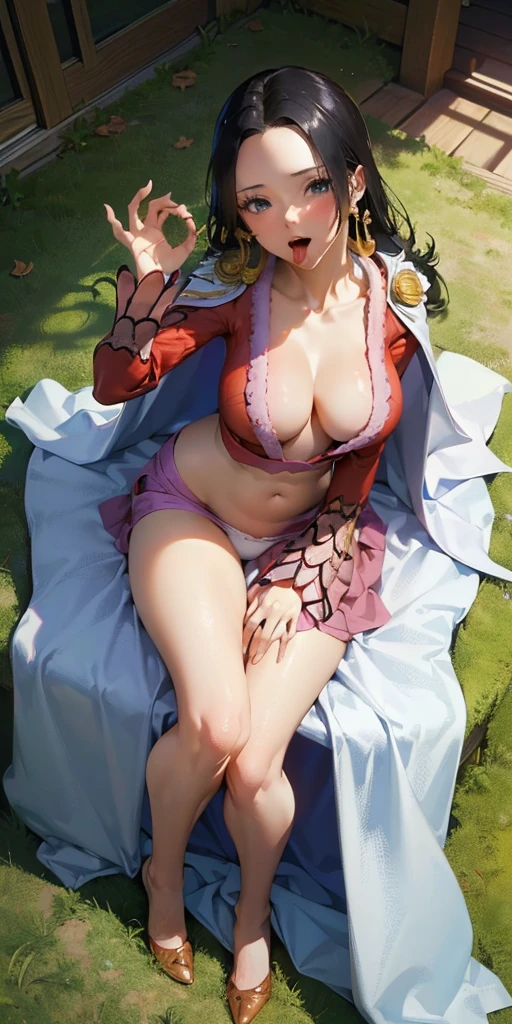 ((masterpiece)), ((Highest quality)), (Very detailedな), ((cute)), cute, (Lovely), ((sexy)), (device), ((Very detailed)), 4K, (8k), Highest quality, (beautiful), Anime Style, Genuineistic, Genuine, Dynamic Angle, Looking up from below, Whole body concentration, , Daytime, a cute girl, ((Hancock 1, One girl, Boa Hancock, Earrings, Large Breasts, Cleavage, Long Hair, Cape, Crop top, Long sleeve, Side slits)), Big Breasts, ((White underwear)), A light smile, Shiny, Shine、Spread your legs as far as possible
