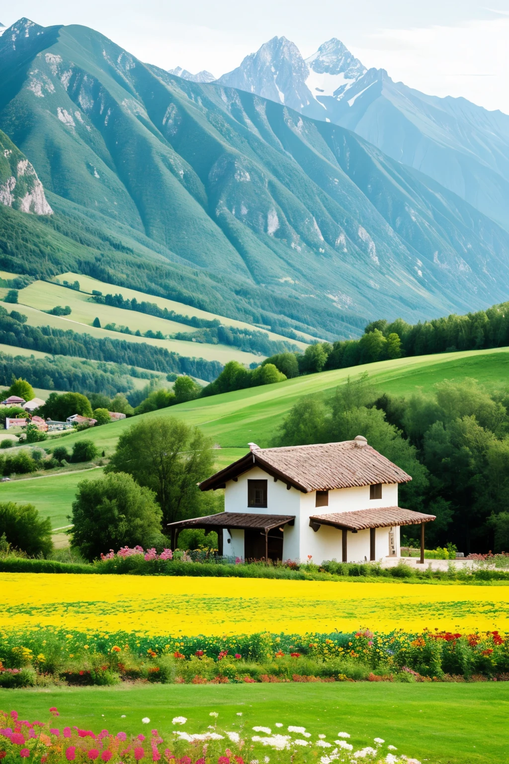 a house in the middle of a green landscape with flowers and mountains around it with no houses around it