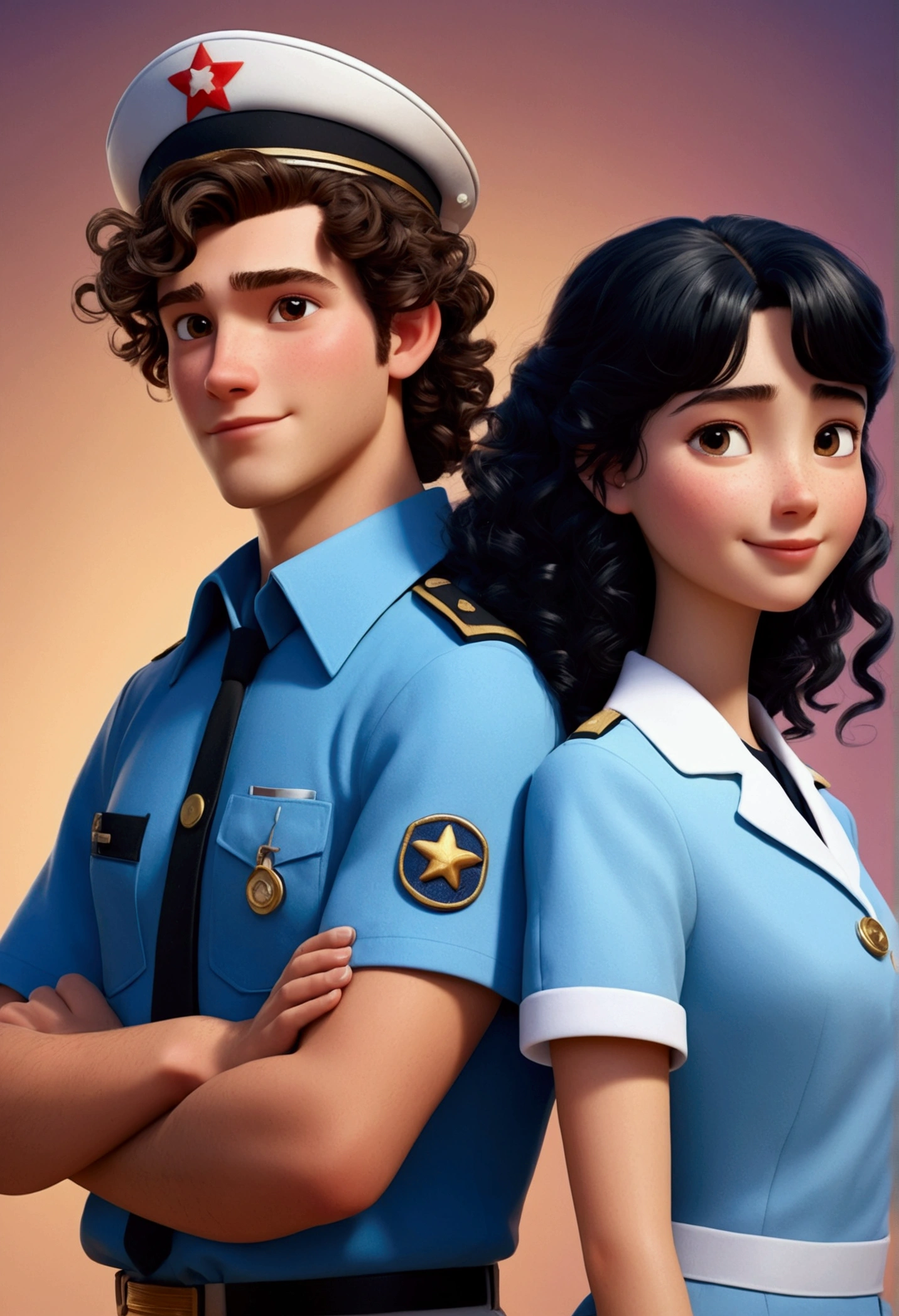 A Disney Pixar style couple, high quality, nurse with brown hair and white uniform ((curly black hair mullet cut boy wearing blue uniform ))