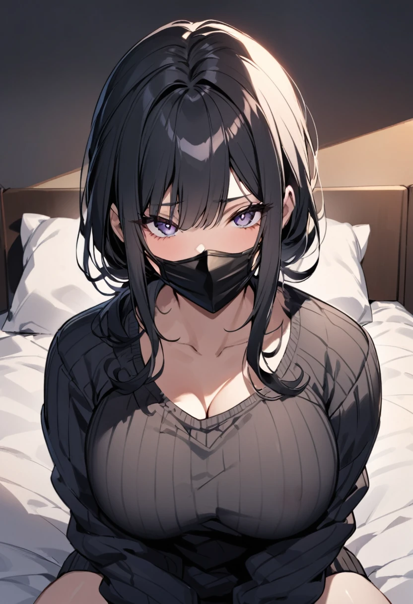 black hair, thick black sweater, The G cup bust, black facemask in face, sitting on bed, staring at camera, 24 years old, sweater over her arms, soft breast, breast big enough to rest on