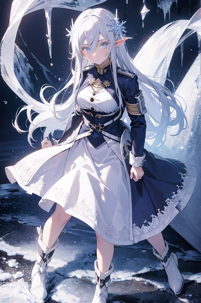 1 girl, silver hair, high elf，blue eyes, ice witch, cold, Ice fragments，Snowflake hair ornament，wallpaper, high contrast, colorful, anime style，whole body，light gray coat