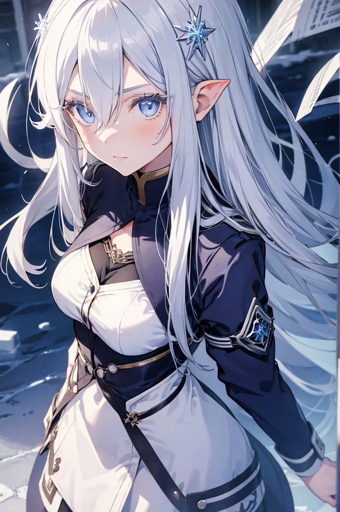 1 girl, silver hair, high elf,blue eyes, ice witch, cold, Ice fragments,Snowflake hair ornament,wallpaper, high contrast, colorful, anime style,whole body,light gray coat