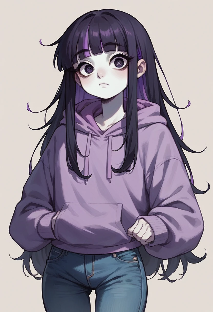 Anime girl, white skin, Rosey cheeks, mismatch eyes (left eye purple, right eye green), long lashes, long black hair, purple highlights, hoodie and jeans, cool pose, cool face