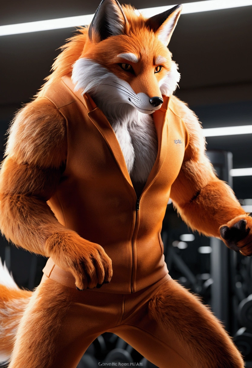 4k, high resolution, best quality, perfect colors, perfect shadows, perfect lighting, posted on e621, (by Chunie, by canyne khai, by t.y.starale), male, adult, furry, fox anthro, orange fur, light brown eyes, (Realistic eye details 1.2), back gym wear, in the gym, Full body like, Slim body, V0id3nergy, Masterpiece, dramatic lighting, soft lighting, day, highly detail, Hair coiled, perfect male figure, Detailed fur, Detailed face, Perfect face, Detailed background, (Complex), (Super Detail), (Ultra Clear), (Best Quality)